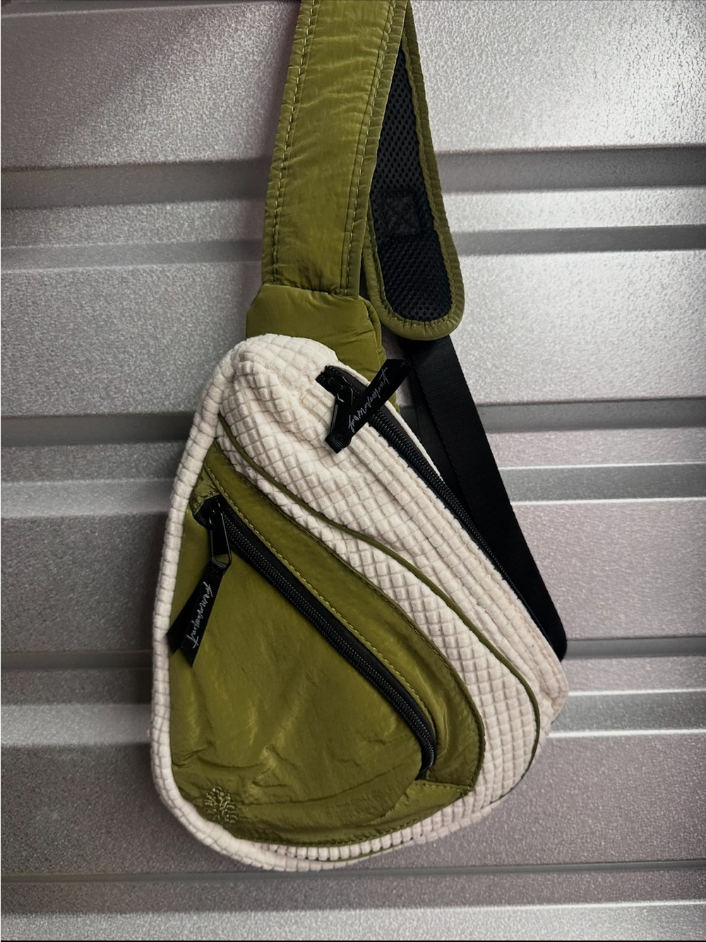 New Free People Movement Cold Shoulder Sling Bag New Green Ivory Black